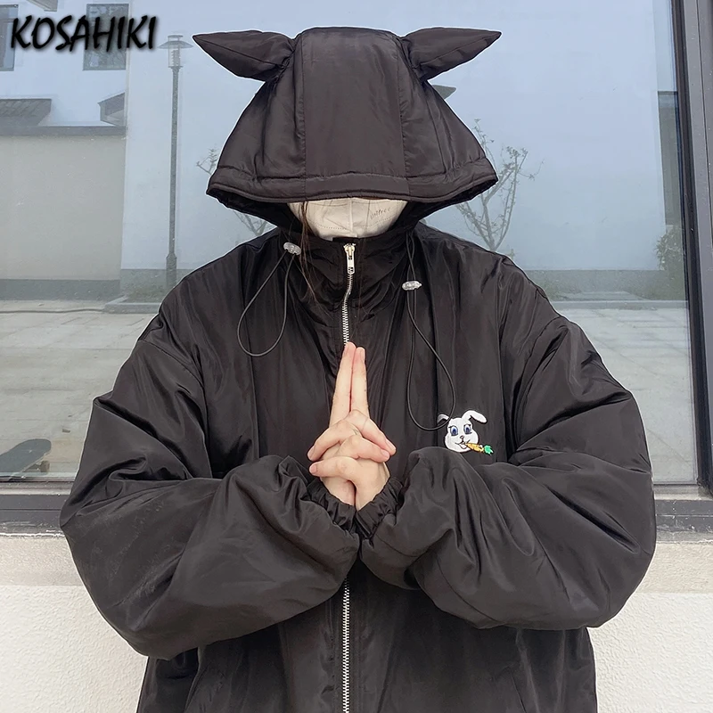 

Черная Женская парка с капюшоном и забавными ушками koshiki, Свободные повседневные стеганые куртки с мультяшной вышивкой кролика, панковская ...