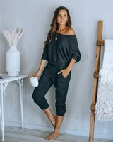 solid tracksuit women two piece set spring autumn clothes off shoulder pullover top pants pajamas suits womens sets lounge wear