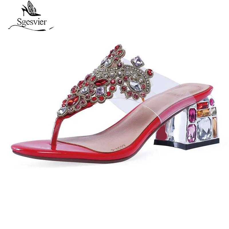 

Sgesvier 2021 new genuine leather women slippers rhinestone square high heels Crystal summer shoes flip flops ladies shoes