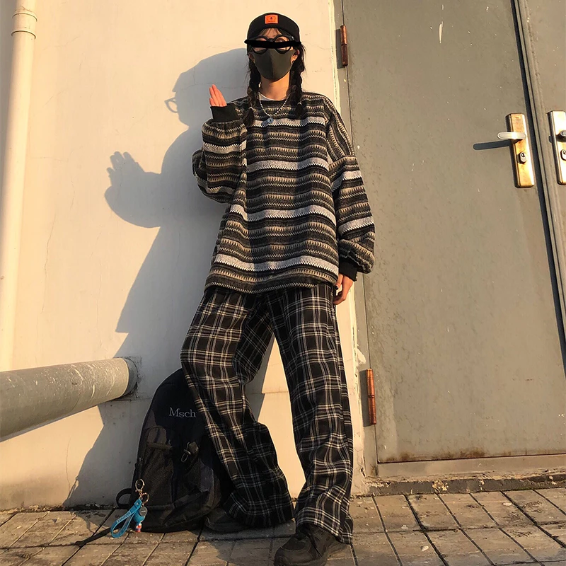 

Spring Autumn Women Knitted Sweater Striped Retro Hip Hop Pullovers Tops Female Jumpers Ladies Pull Femme Couples Japanese