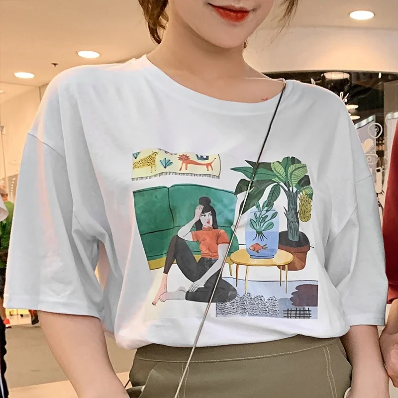 

VIP HJN Fish Girl Top Tee Short Sleeve Women's Pure Cotton T-shirt Women's Fashion Garment Women's Summer Loose Tshirt
