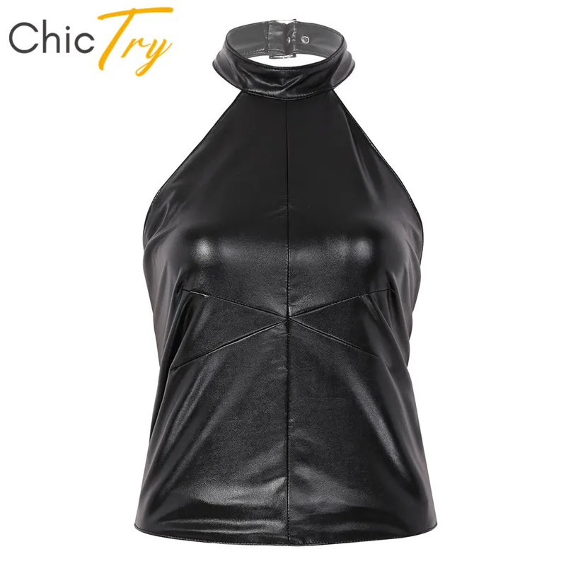 Женские сексуальные топы с эффектом мокрого вида черная искусственная кожа