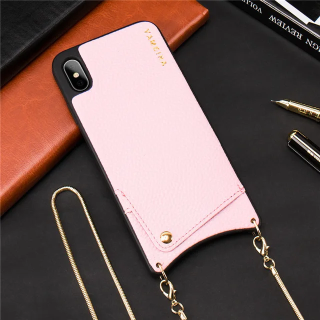 Розовый Кредитных карт кожаный чехол для iPhone X XR XSMax 6S 8 7 6 plus Модный Роскошный чехол-накладка ремешок для кошелька сумки через плечо на длинной цепочке - Цвет: Розовый