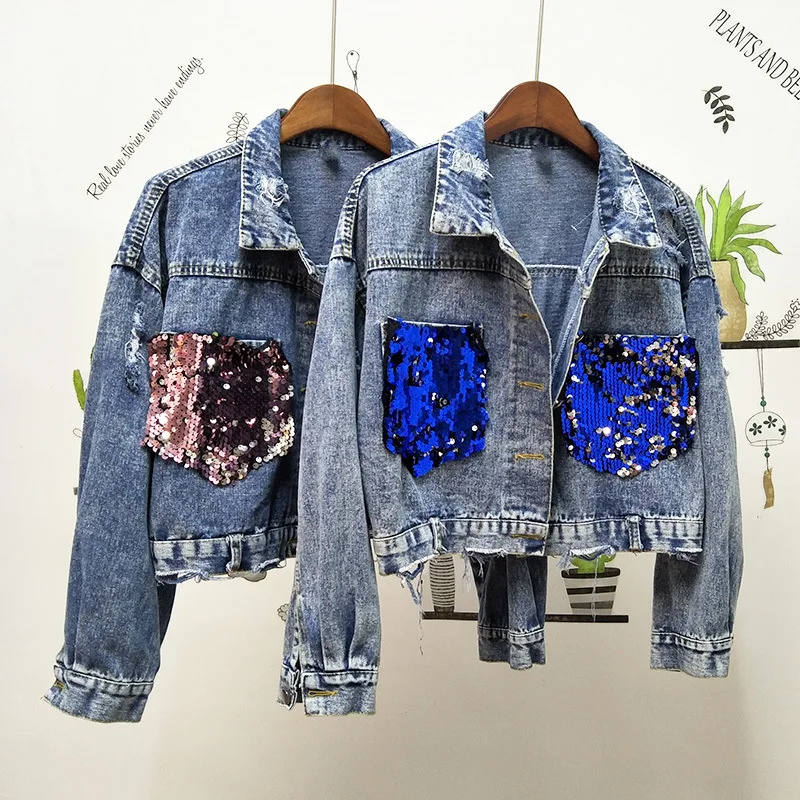 

Korean Pockets Sequined Embroidery Patchwork Jackets Women 2020 New Chic Long Sleeve Harajuku Coats Streetwear Jean Jacket