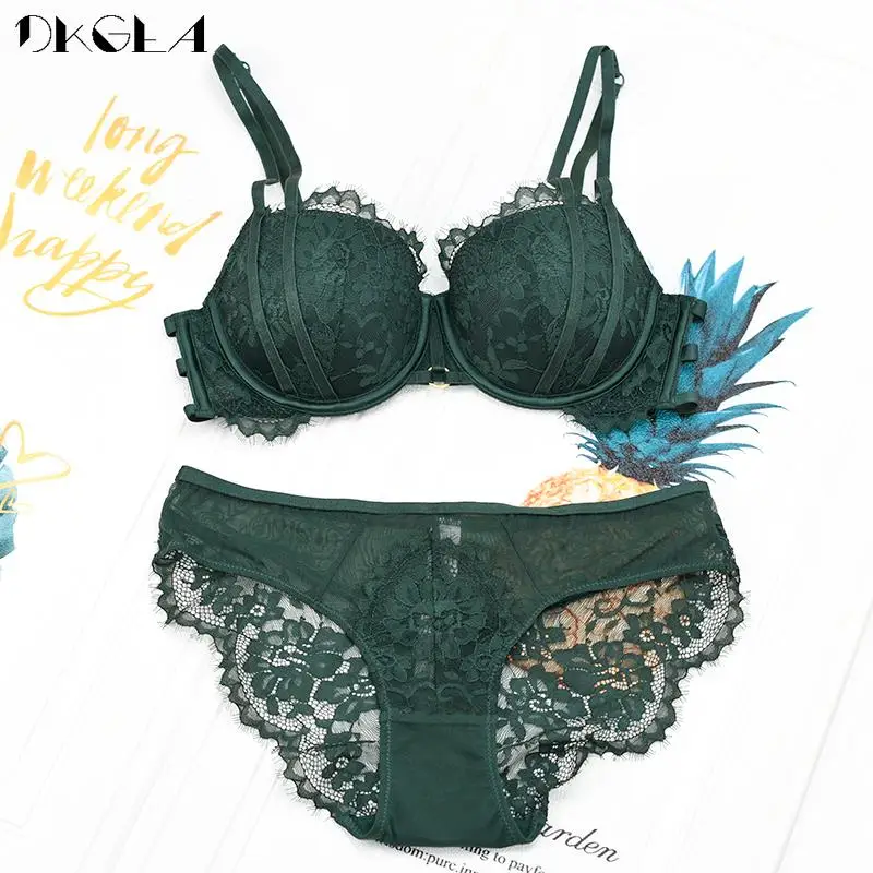 brand hot sexy bra panties sets thick underwear set women push up bras b c d cup fashion brassiere green lingerie gather deep v free global shipping