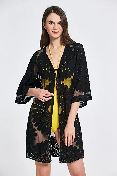 

Robe Swimwear Beach Cardigan Cover Bikini Bathing Suit Floral Embroidery Women Up Dress Kimono Pareo Playa Long White Lace