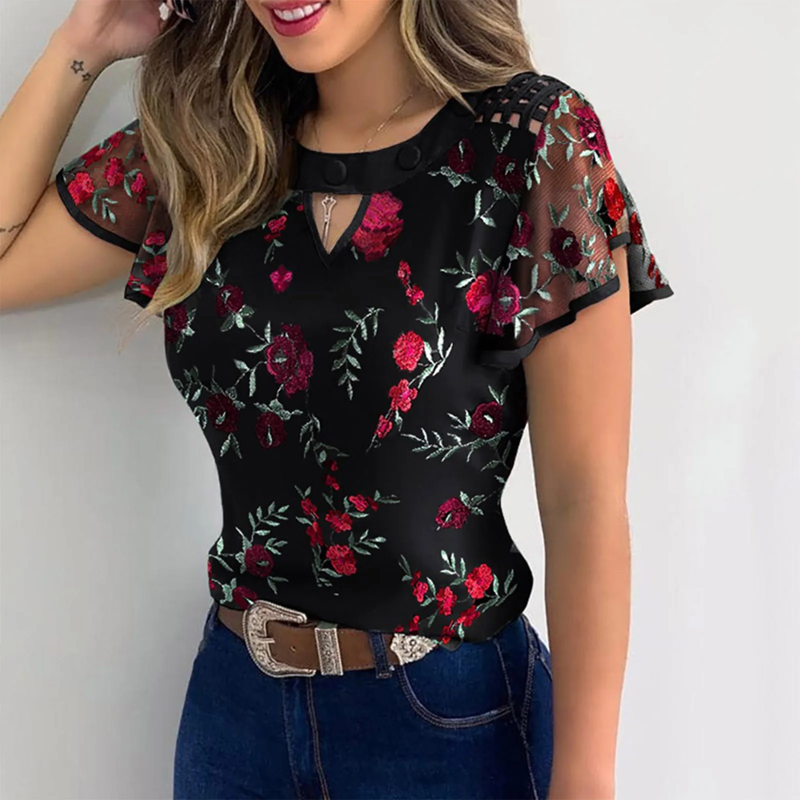 

Sexy Women Ladies Ruffle Sleeve Tops Pullover Dot Polk Embroidery Floral Print Blouse OL Casual Chiffon Jumper Tee