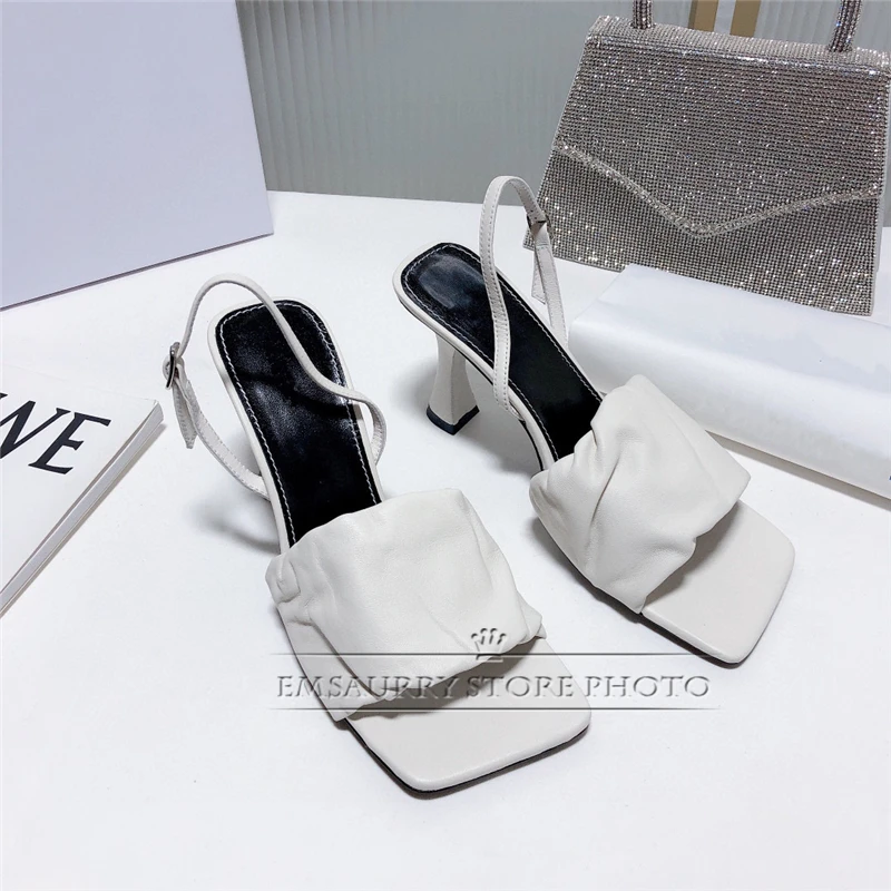 

Genuine Leather One-Strap Sandals For Girls Women High Heels Square Open Toe Concise Style Summer Runway Shoes Woman
