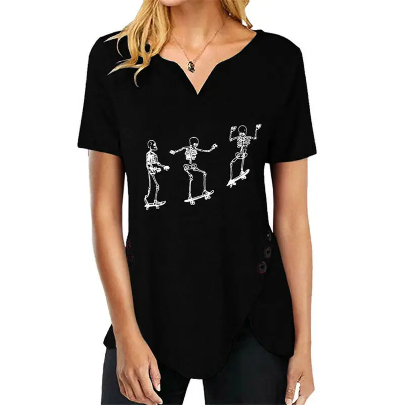 

Short Sleeve V-neck T-shirt Lady Casual LooseTop Women Skulls Printed Button Summer Ladies Clothes 2021 Fashion Top Irregularity