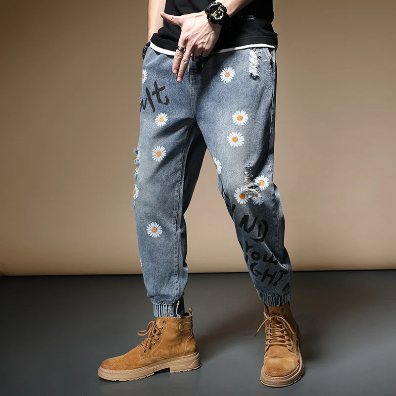 

Baggy Summer Jeans Ripped Men Fashion Daisy Printed Elastic Waist Ankle-Length Pants Streetwear Velcro Legged Denim Trousers