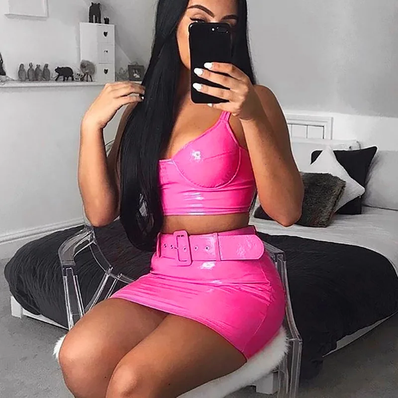 NATTEMAID Summer PU Sashes Sexy Two Pieces Set Streetwear Top And Long Pant Women Set Casual Sleeveless 2 Piece Set Women Outfit