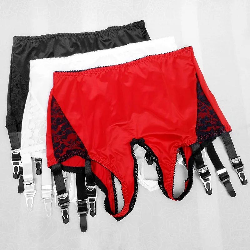 

Open Crotch Sissy Boxer Shorts Panties With Suspenders For Mens Underwear Shiny Satin Sexy Gay Lingerie Underpants