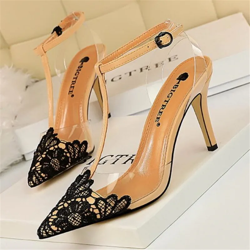

2021 new lace women's sandals sexy transparent women's shoes high heels wedding shoes 9CM stiletto high heels 3-8 9 BBZAI