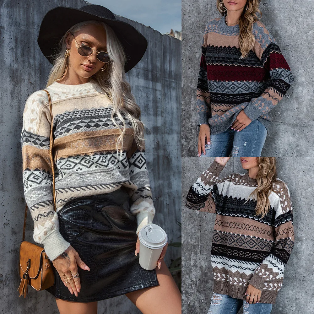 

National Style Striped Knitted Sweater Women Vintage All-Match O-Neck Casual Printed Pullover Autumn Winter Female Knitwear Tops