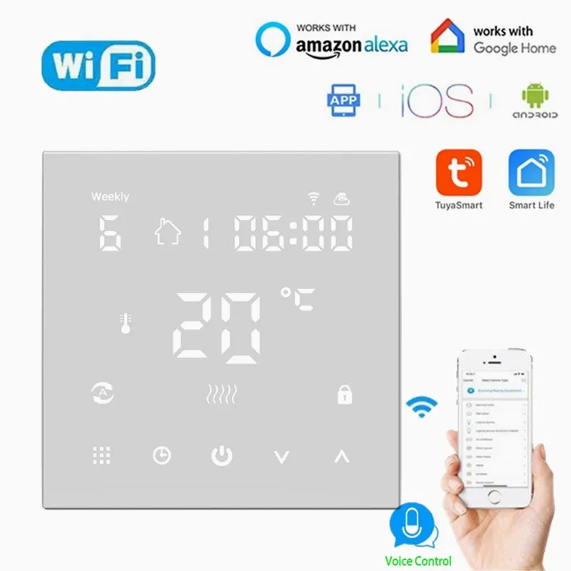 

Умный термостат с Wi-Fi, контроллер температуры для электрического подогрева пола, воды/газового котла, работает с приложением Alexa Google Home Tuya