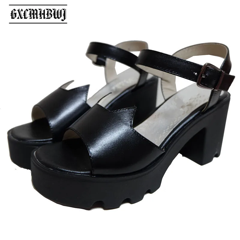 

GXCMHBWJ Summer Thick Heel Waterproof Platform Buckle Women Sandals Cute Cat Ears Genuine Leather Japanese Student Lolita Shoes