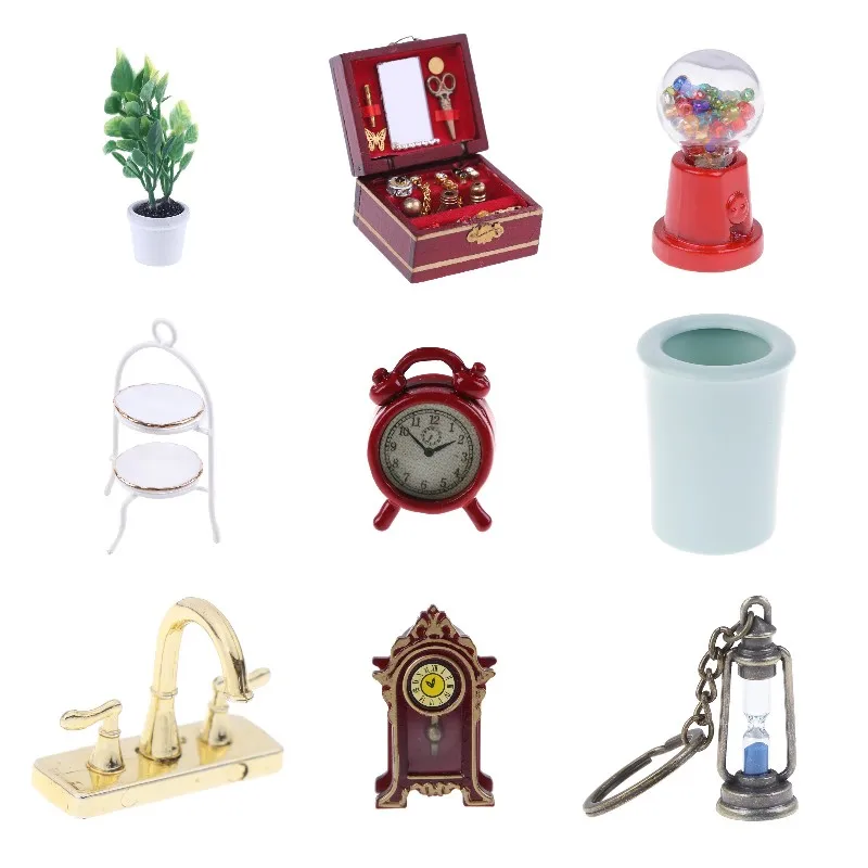 

Green Potted Plant Bird Cage Trash Can Candy Bottle Milk Tea Clock Dollhouse Furniture Toys Doll House Decoration Accessories