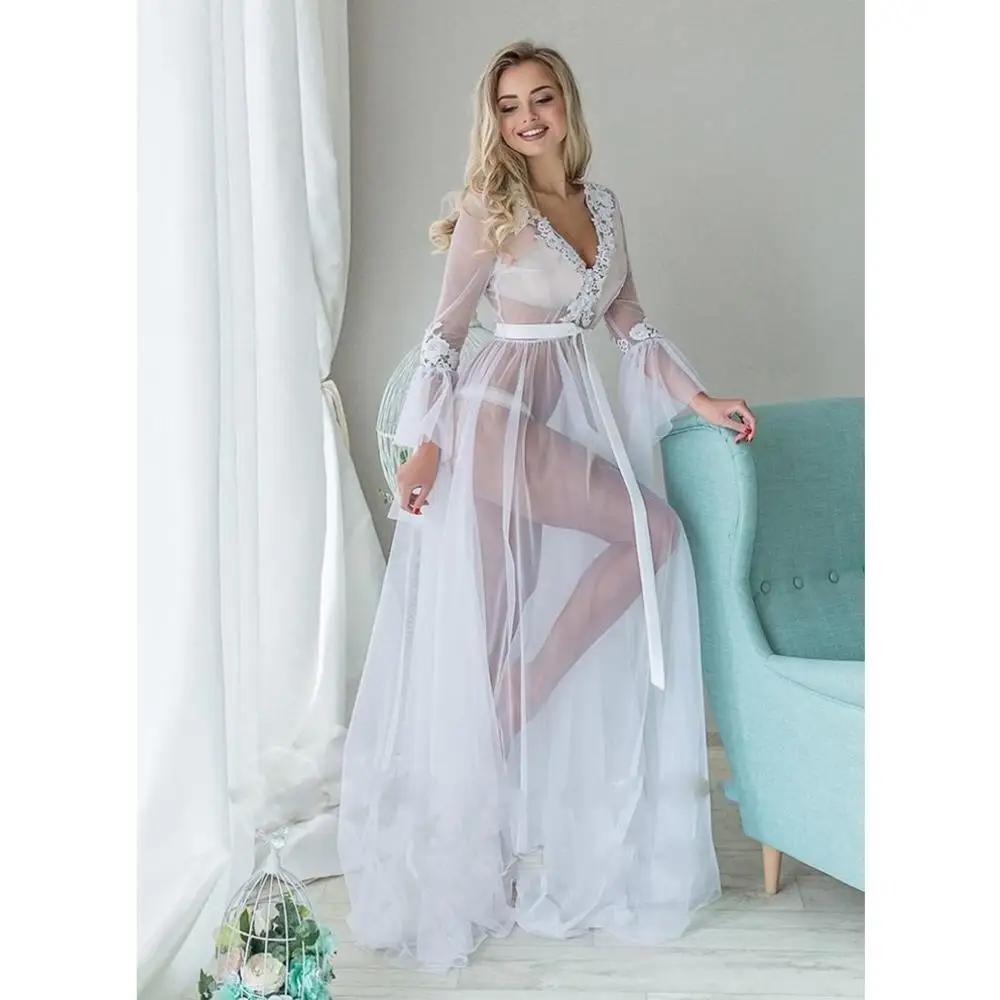 

Women Nightdress Sleepwear Nightgown Underwear White Lingerie Long Sleeve Pajamas Long Dress Nightwear Nuisette #2M31