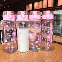 500ml pink simple transparent flower love plastic cup small fresh literary cup men and women portable couple pop lid water cup