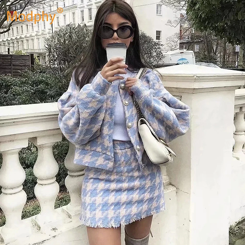 

Women's suit Tweed Houndstooth 2 Piece Set 2021 Autumn Winter Women Loose Jacket Coat + Hight Waist Tassels Short Skirt Sets