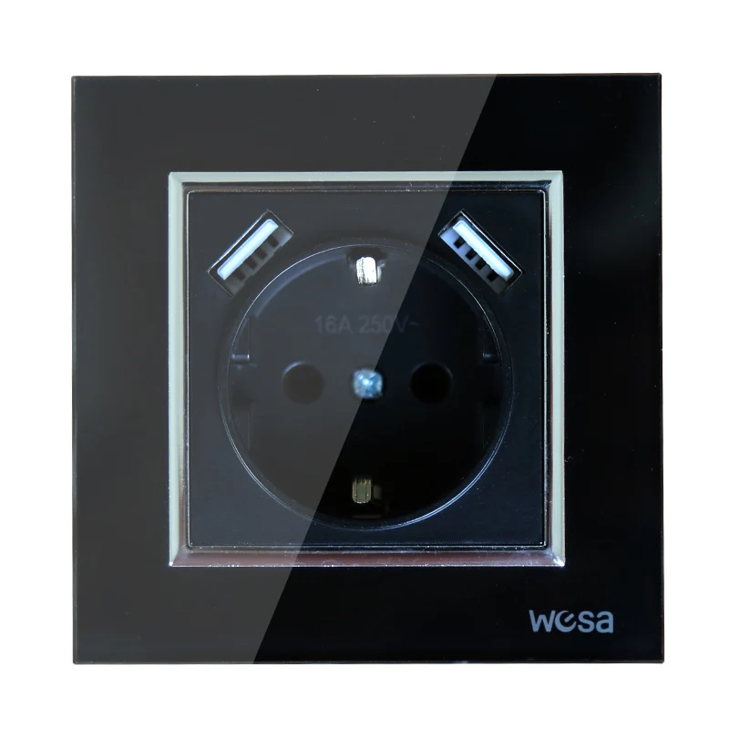 Декоративная настенная розетка с двойным USB-разъемом 5 В 2 А черная рамка из