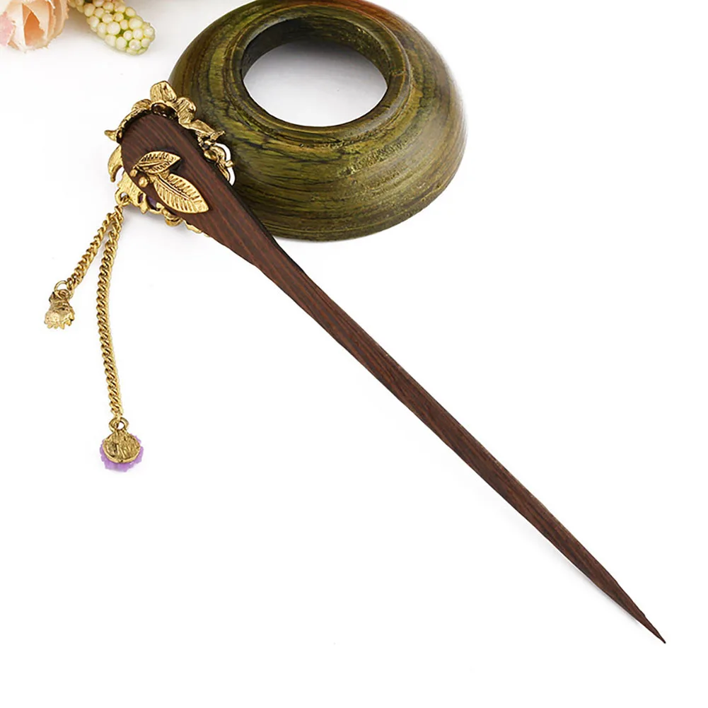 

Handmad Wooden Hair Stick Chinese Ancient Women's Rhinestone Flower Hairpin with Tassels Japanese Geisha Cosplay Costume