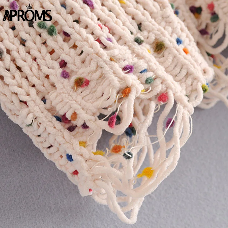 

Aproms Colorful Ball Tassel Knitted Pullovers Women Winter Long Sleeve Knit Crochet Sweater 90s Cool Girls Autumn Cropped Jumper