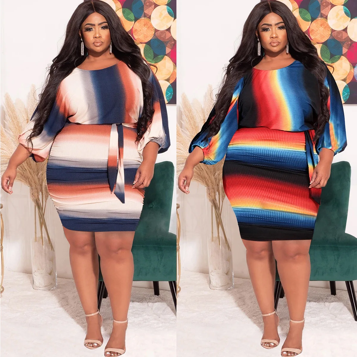 

Весенне-осеннее Радужное платье YU HE в широкую полоску с цифровым принтом, маленькое платье с поясом-ремнем и открытым рюкзаком, платье-юбка ...