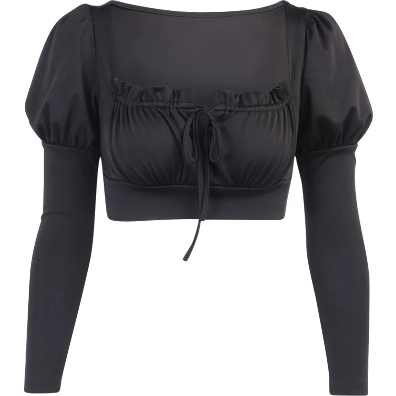 

Elegant Vintage Lace Blouse Puff Sleeve Ruched Top Women's Square Collar Shirt Autumn Casual Bandage Blouse T Shirts