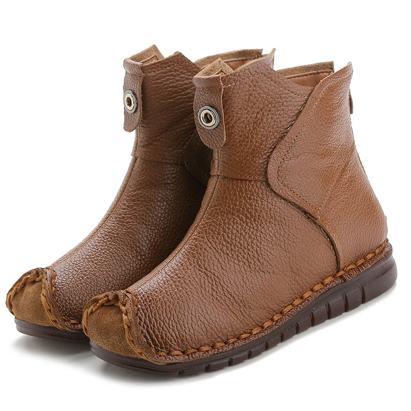 

Women Genuine Leather Ankle Boots Flats Pleated Ladies Zip Plush Warm Winter Shoes Female Fashion Sewing Retro Short Boot 899