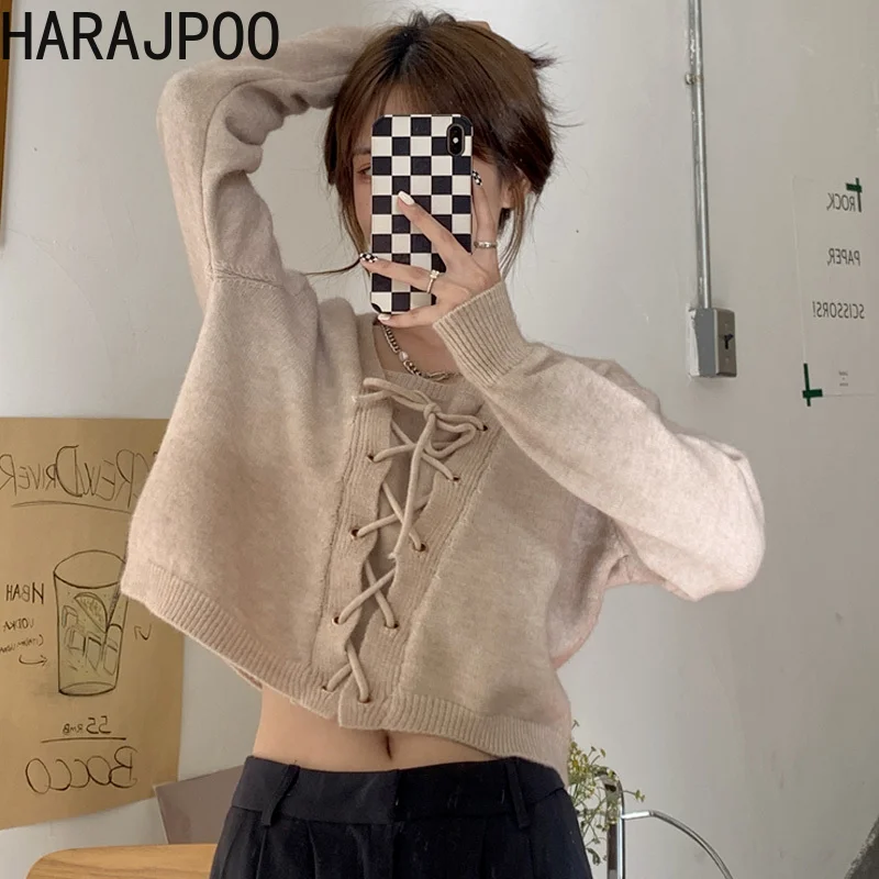

Pullover Harajpoo Female Lace Fall 2021 New Loose V Neck Long Sleeve White Knitted Sweater Simplee Solid Color Fashion Lazy Oaf