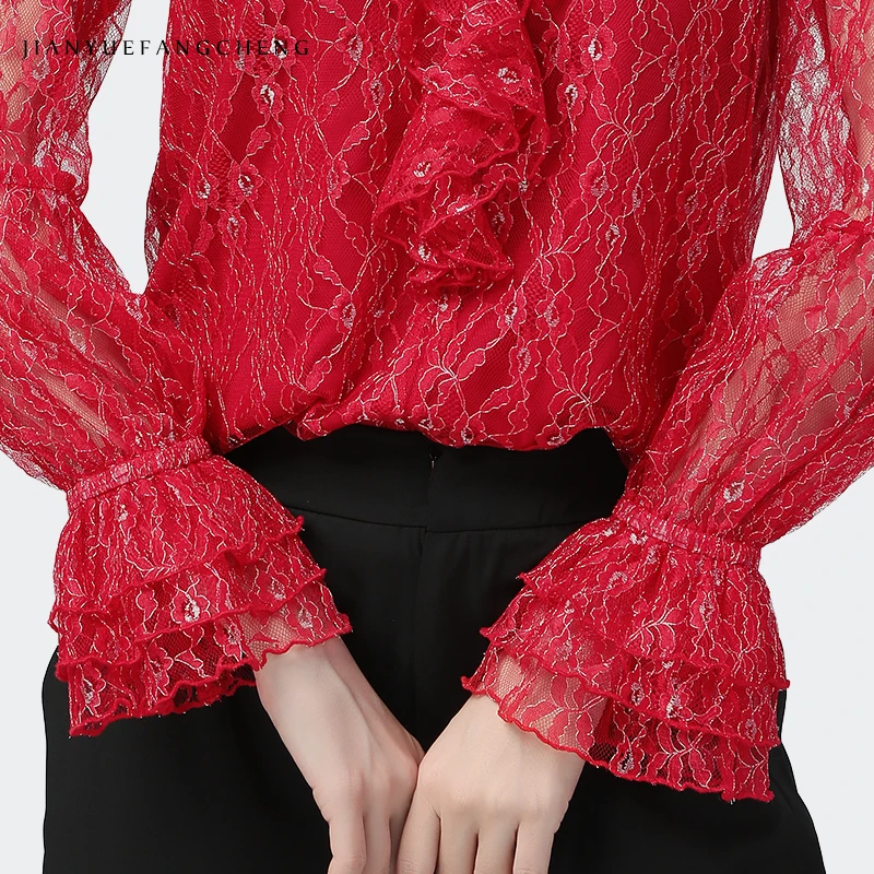 

Fashion Ruffles Red Lace Blouse Women Hollow Out Flared Long Sleeve V-Neck Tops Elegant Sexy Korean Style Ladies Office Blouse