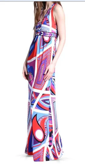 

Summer Long Luxury Dress Stretch Knit Slim Waistcoat Print V Neck Maxi Plus Size Dress for Women