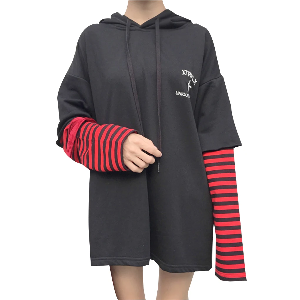 

Women Fake Two Piece Stripe Patchwork Hoodie Letter Drawstring Hooded Top