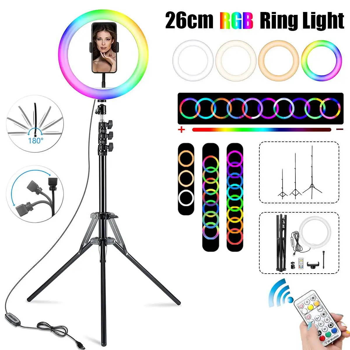 

Светодиодная кольцевая лампа, Usb-светильник ильник с дистанционным управлением для стриминга видео и фотографий, 10 дюймов, RGB