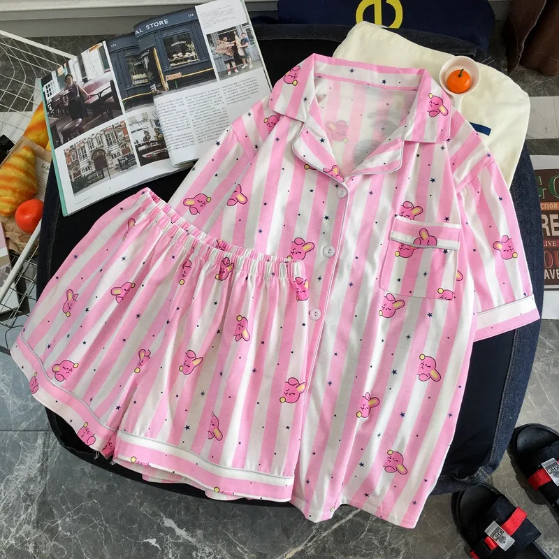 Осенне-летний женский пижамный комплект Harajuku женская одежда Пижамный костюм женский розовый полосатый кролик сердце повседневная одежда для сна - Цвет: pink
