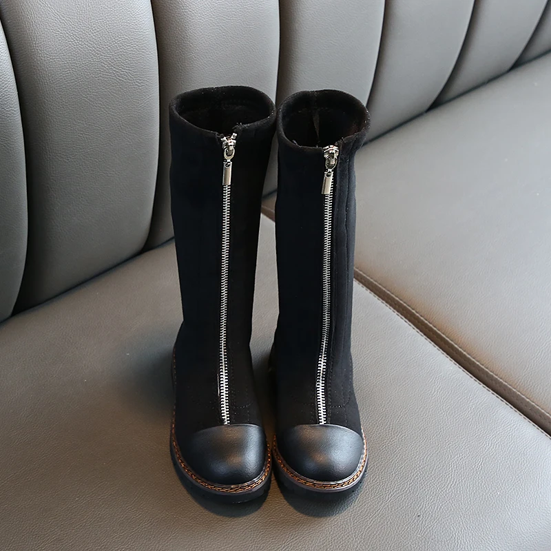 Детская обувь черные сапоги для девочек Однотонные теплые зимние до колена