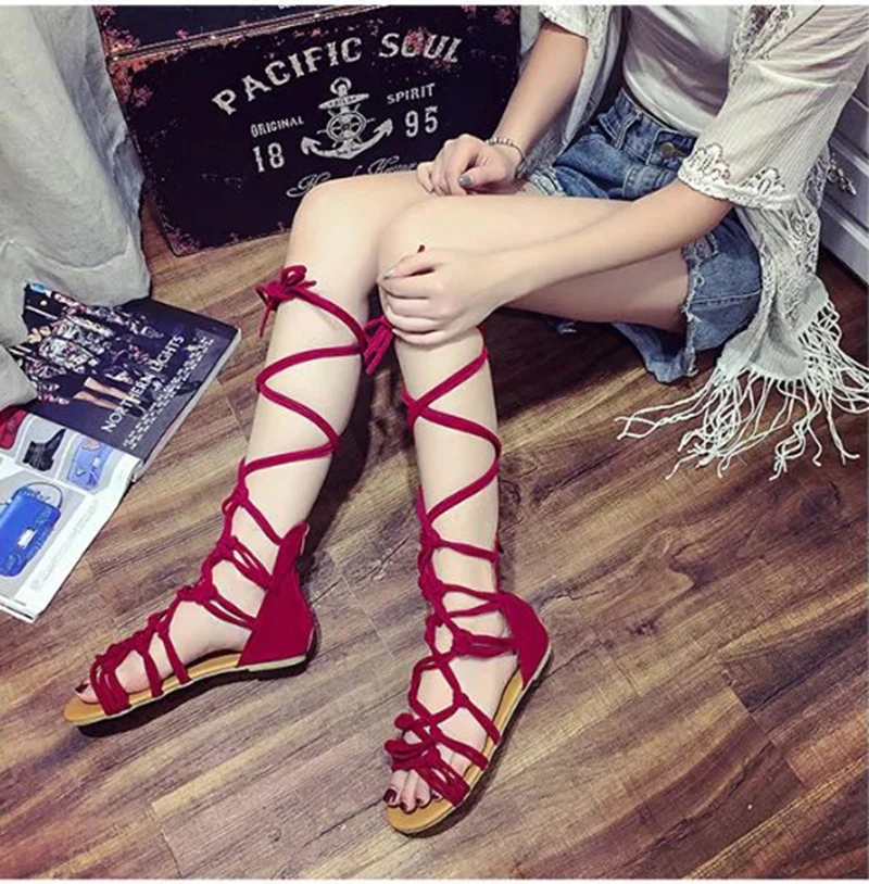 Летние женские сапоги до колена Сандалии-гладиаторы Обувь на плоской подошве со