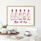 Плакат с изображением розы на весь день, картина с акварелью, Настенная картина для кухни, картина на винном холсте, розовые бутылки, декор для бара и тележки