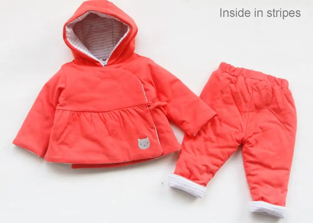 2pcs grey stripes Детский комплект из 2 предметов, одежда для мальчиков и девочек топ и штаны детская одежда двухслойная одежда теплая одежда пальто с капюшоном и штаны Одежда для детей - Цвет: 2pcs grey stripes