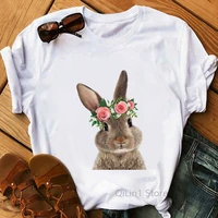 cute rabbitbunny with flowers animal print tee shirt femme summer top female white short sleeve casual t shirt women clothes