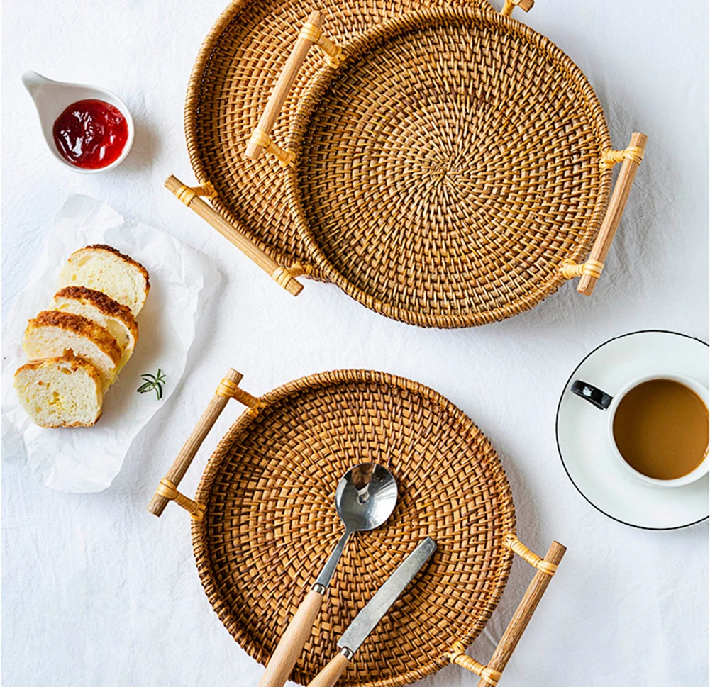 

Rattan Storage Basket Tray Round Basket with Handle Hand-woven Rattan Tray Wicker Basket Bread Fruit Food Breakfast Display