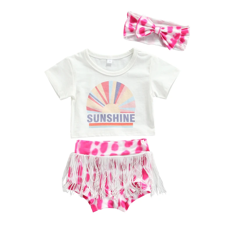 

2021 Summer Girls Set Three Piece Baby Girl’s Clothes Fresh Sunshine Short Sleeve Tops and Tie-dye Tassel Shorts with Headband