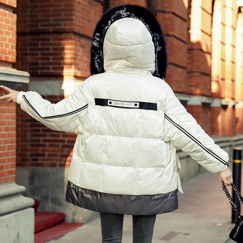 

Winter women's new style cotton coat shiny short white duck down fur collar Parkas jacket