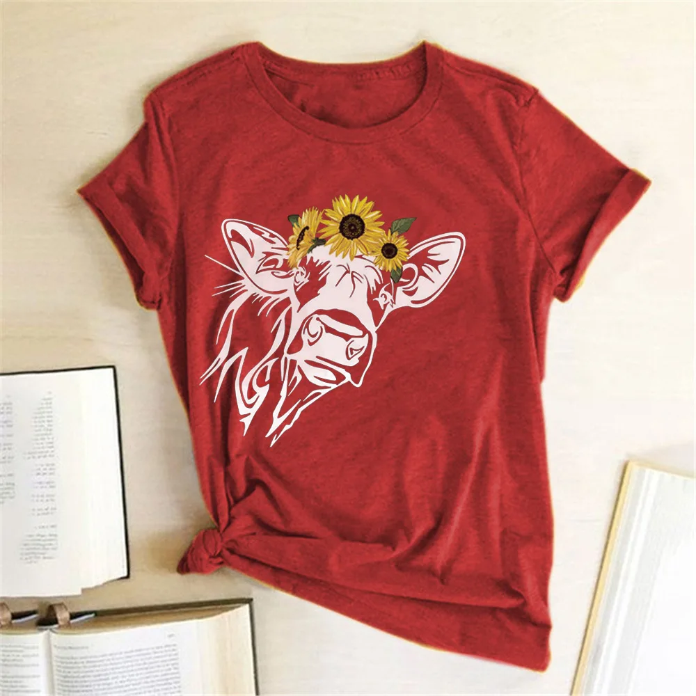 

Cow Head Sunflower Print Women T Shirt Short Sleeve O Neck Loose Women Tshirt Ladies Fashion Tee Shirt Tops Clothes Mujer