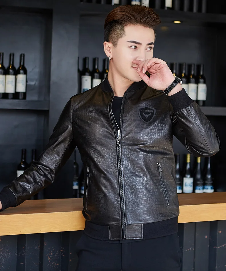 

2021 new crocodile pattern sheepskin leather leather men's stand-up collar Korean slim leather jacket