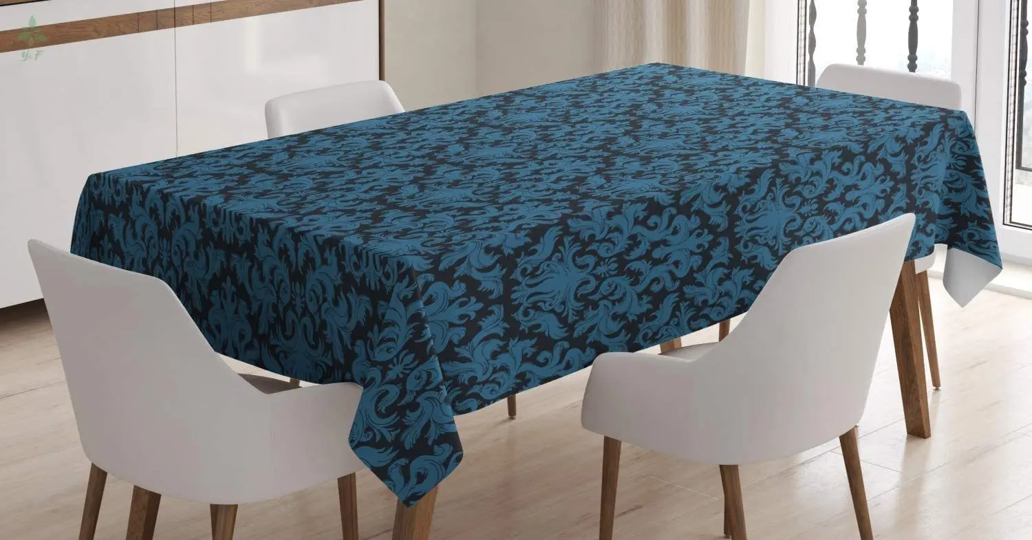 

Damask Blue Tablecloth Repetition With Rococo Inspired Royal Style Ornamental Pattern Rectangular Table Cover For Dining Decor