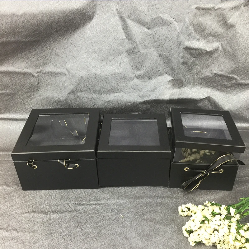 black square Креативная круглая квадратная полупрозрачная ПВХ Цветочная коробка, подарок на день рождения, украшение дома, упаковка, букет цветов, коробки - Цвет: black square