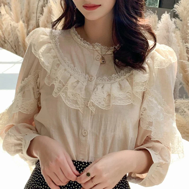 Blosue Для женщин Blusas Mujer De Moda 2021 хлопковая Льняная блуза с рюшами и кружевным