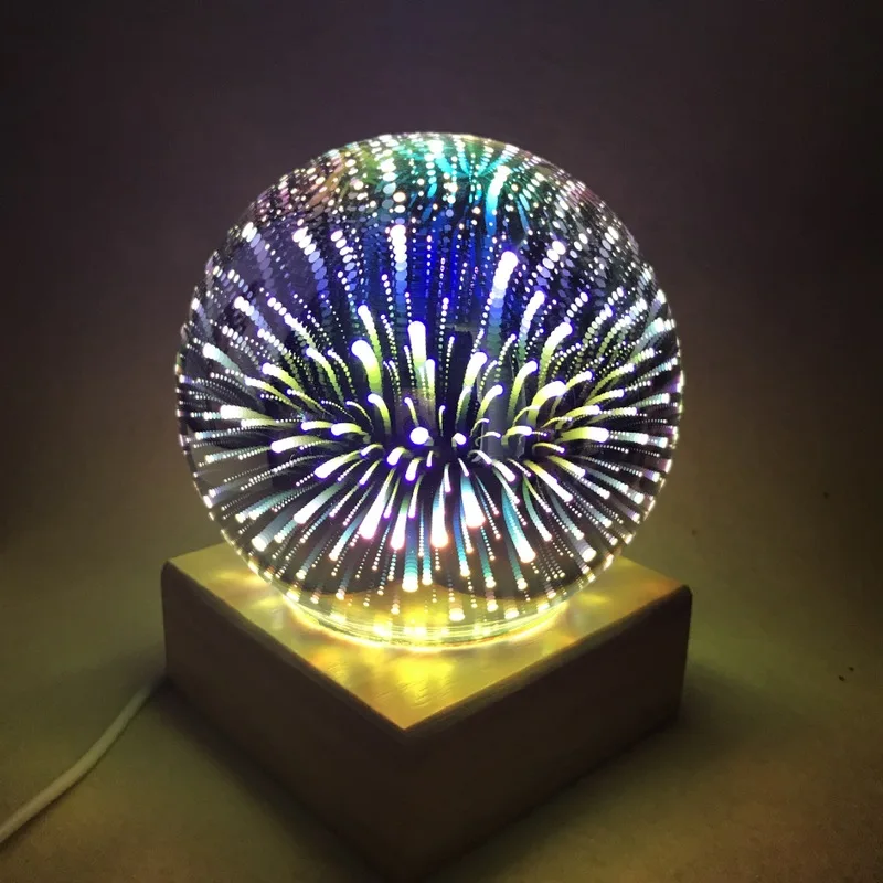 Creative 3D LED Fireworks Light Chrome Finished Glass Ball Star Moon Light Desk Lamps with Square Wooden Base USB Plug in Type